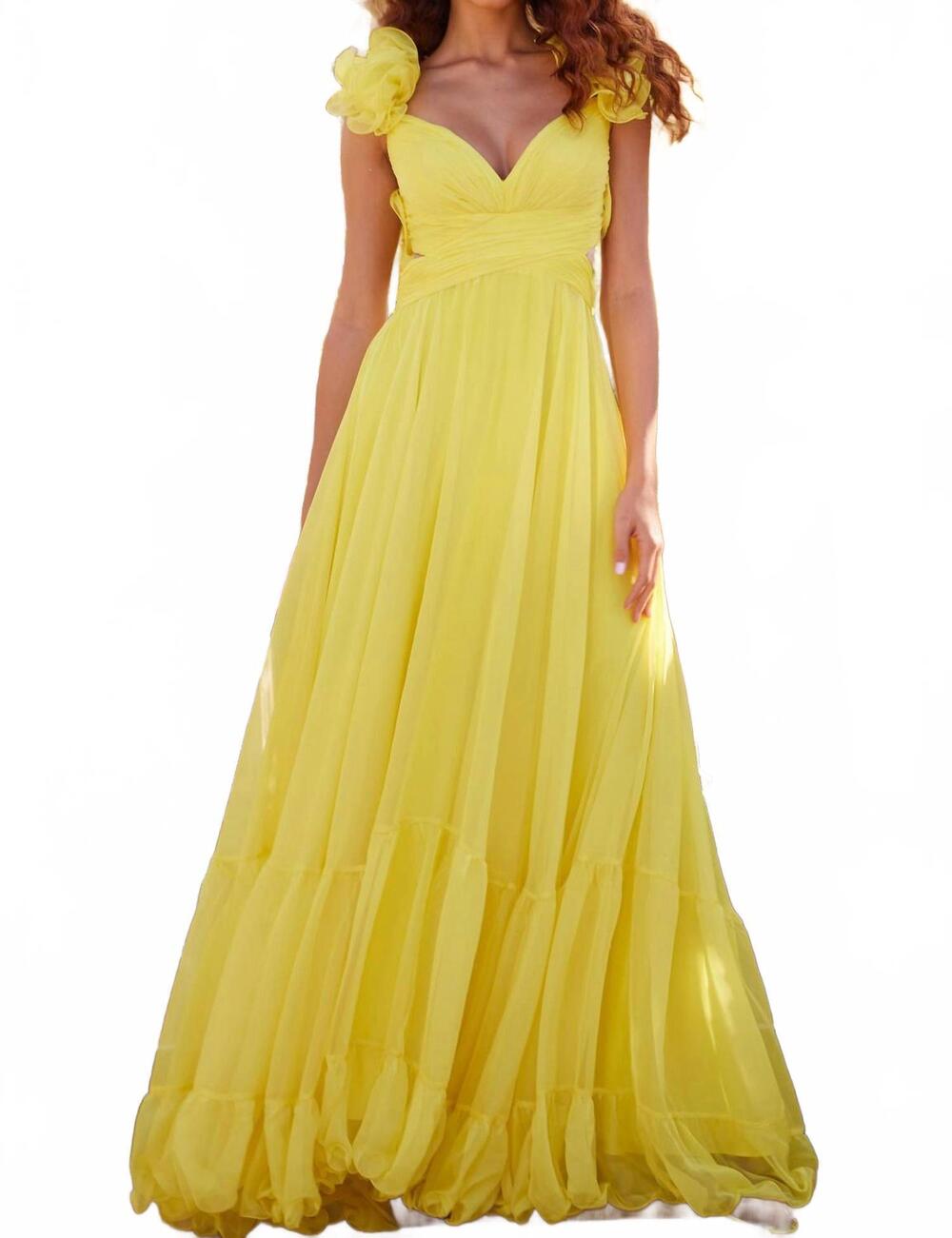 NEW JOVANI pleated maxi chiffon dress in yellow